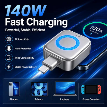 140W Smart Auto-Disconnect Charger Adapter - Advanced Portable Charging Solution with AI Auto-Off and Stay Cool Technology for Cellphones and Electronics Protection