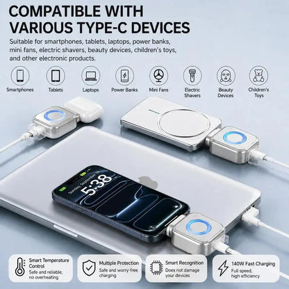 140W Smart Auto-Disconnect Charger Adapter - Advanced Portable Charging Solution with AI Auto-Off and Stay Cool Technology for Cellphones and Electronics Protection