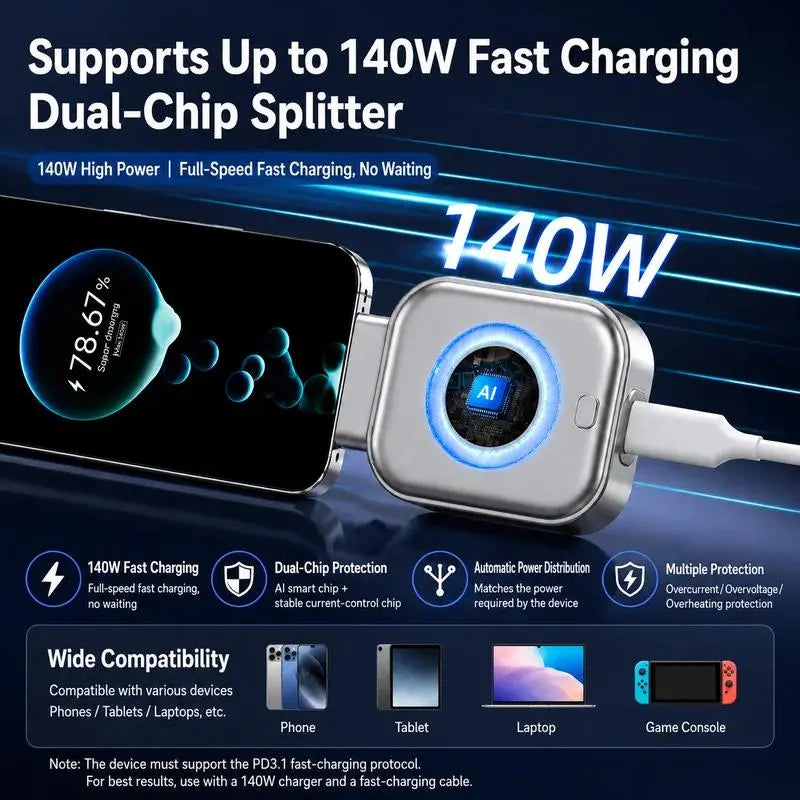 140W Smart Auto-Disconnect Charger Adapter - Advanced Portable Charging Solution with AI Auto-Off and Stay Cool Technology for Cellphones and Electronics Protection