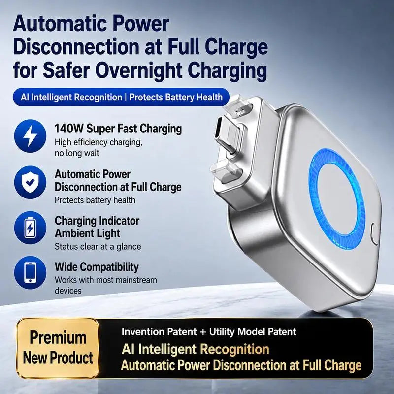 140W Smart Auto-Disconnect Charger Adapter - Advanced Portable Charging Solution with AI Auto-Off and Stay Cool Technology for Cellphones and Electronics Protection
