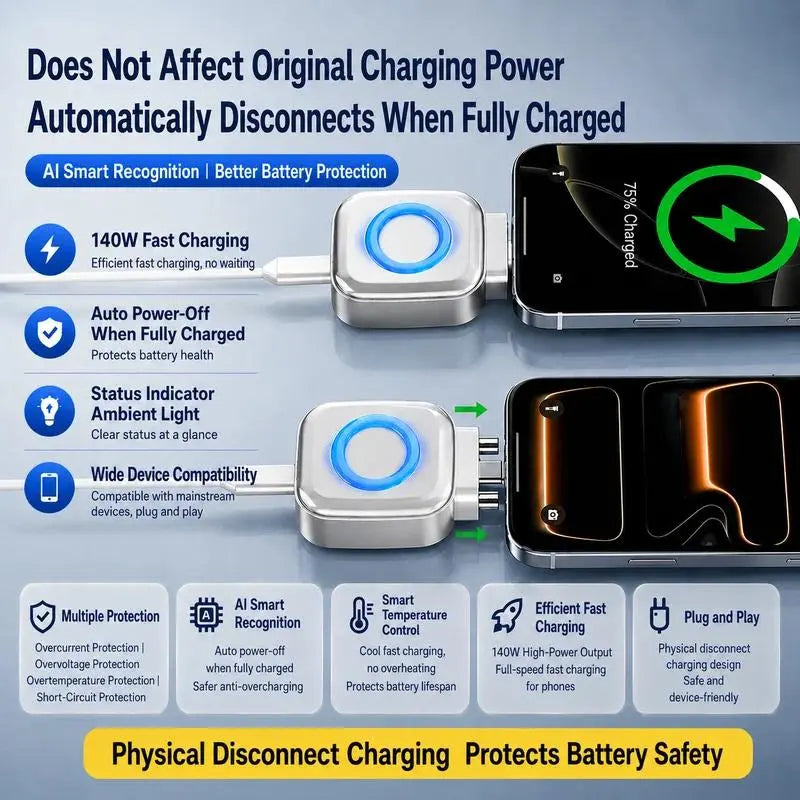 140W Smart Auto-Disconnect Charger Adapter - Advanced Portable Charging Solution with AI Auto-Off and Stay Cool Technology for Cellphones and Electronics Protection